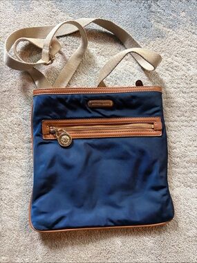 Michael Kors Navy Crossbody with Tan Leather Trim and Gold Accent